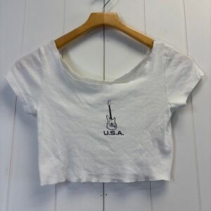 White Guitar USA Womens Y2K Graphic Crop Top Cut Off Baby Tee Size XS Grunge